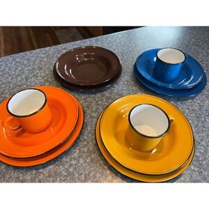 Vntg Enamelware Dinnerware Set 11pc MCM Orange Yellow Blue Brown Camping Retro